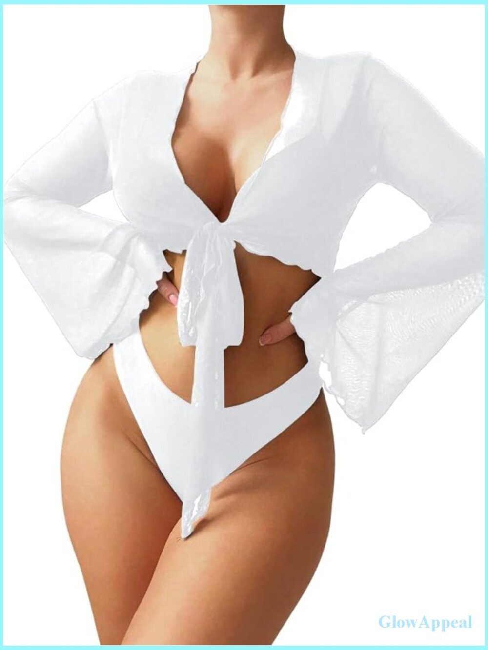 Sheer Mesh Tie Front Long Sleeve Swimwear Cover Up Top